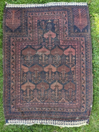 Mid 19th Century Timuri Baluch prayer rug. 3'1" x 4'2" or 94 x 127cm. The field design is common on Chakhansur larger rugs. No holes, beautiful embroidered end with multi color selvedges,  ...