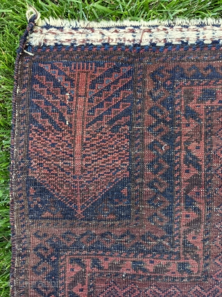 Mid 19th Century Timuri Baluch prayer rug. 3'1" x 4'2" or 94 x 127cm. The field design is common on Chakhansur larger rugs. No holes, beautiful embroidered end with multi color selvedges,  ...