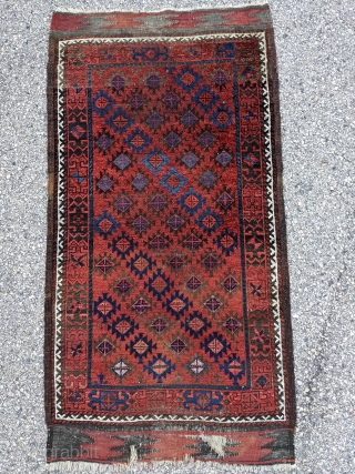 19th Century Baluch rug with kilim ends and full pile wool. 2'11" x 5'0". Wonderful 3 shades of blue.

Cheers.              