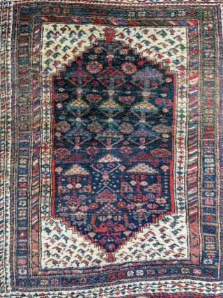 Antique, turn of the century, Afshar rug. 5'6" x 4'9" or 145 x 168cm. Close to a square with full pile and complete kilim ends. Thick soft wool.     