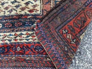 Antique, turn of the century, Afshar rug. 5'6" x 4'9" or 145 x 168cm. Close to a square with full pile and complete kilim ends. Thick soft wool.     