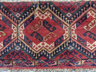 Antique Middle Amu Darya Torba. 1'1" x 3'2". Gorgeous colors with the dyrnak gul in the middle of the main guls. Missing the top border.

Cheers.        