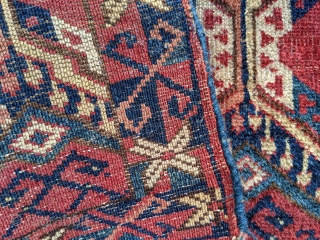 Antique Middle Amu Darya Torba. 1'1" x 3'2". Gorgeous colors with the dyrnak gul in the middle of the main guls. Missing the top border.

Cheers.        