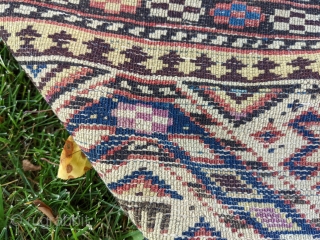 Late 19th century Shirvan prayer rug. 3'4" x 4'10". Has some old fuschine which is now grey. Beautiful colors. No holes, good pile, just the missing edges in some areas. Cheers.  