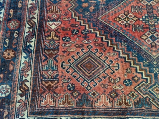 Beautiful early 1900s Afshar. 4'11" x 7'2". Great colors. Even low to medium pile. Great mix of motifs with original kilim ends.

Few condition issues. 3 small gouges out of the side and  ...