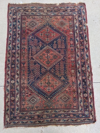 Beautiful early 1900s Afshar. 4'11" x 7'2". Great colors. Even low to medium pile. Great mix of motifs with original kilim ends.

Few condition issues. 3 small gouges out of the side and  ...