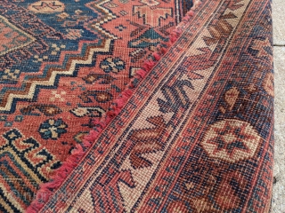 Beautiful early 1900s Afshar. 4'11" x 7'2". Great colors. Even low to medium pile. Great mix of motifs with original kilim ends.

Few condition issues. 3 small gouges out of the side and  ...