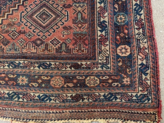 Beautiful early 1900s Afshar. 4'11" x 7'2". Great colors. Even low to medium pile. Great mix of motifs with original kilim ends.

Few condition issues. 3 small gouges out of the side and  ...