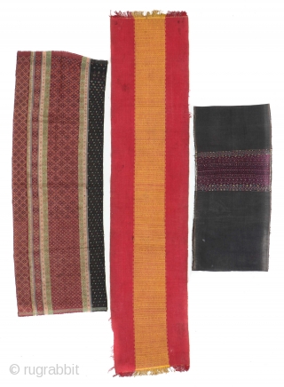 3 Old Burmese Hakachin Textiles, Western Burma. 1) Silk embroidered. 65'' x 14'' (165 x 36 cm); 2) 15'' x 31'' (38 x 79 cm); 3) Silk embroidered 48'' x 16'' (122  ...