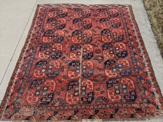 Antique 19th Century Ersari main rug from the Amu Darya region. 7ft x 8'5" or 214 x 256cm. Great pile, and the softest wool, on a large percentage of the rug but  ...