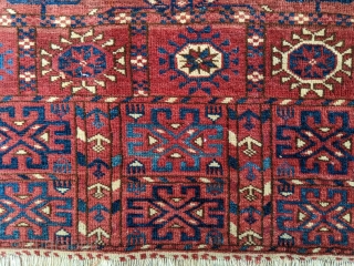 19th century Tekke wedding rug. Former Jim Dixon collection. Unusual elems. Good pile, some cochineal in a handful of guls. 3'8" x 4'6" or 112 x 138cm.      