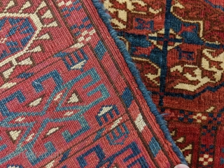 19th century Tekke wedding rug. Former Jim Dixon collection. Unusual elems. Good pile, some cochineal in a handful of guls. 3'8" x 4'6" or 112 x 138cm.      