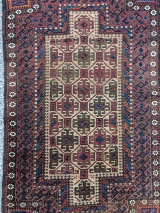 Double mihrab Baluch rug. Original selvedge, no repairs, camel wool, good pile except oxidized areas. 2'8" x 4'5" or 80x135cm.             