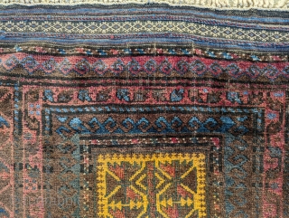 Antique Baluch prayer rug with complete ends. Beautiful wool and floppy handle. Original selvedge and no repairs. 3'6" x 4'7" or 107 x 140cm         