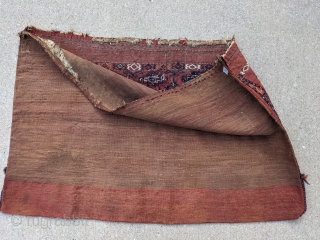 Antique Yomut flatwoven bag with original back. 2'5" x 3'10". Tight weave.                     