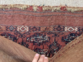 Antique Yomut flatwoven bag with original back. 2'5" x 3'10". Tight weave.                     