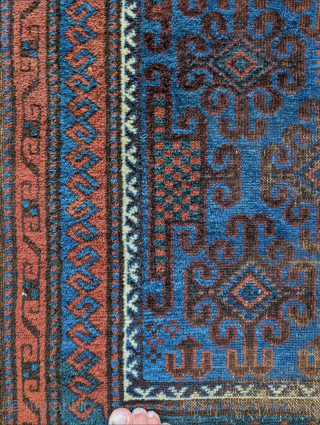 Lots of electric blue and green on this Timuri Baluch prayer rug. 134 x 93cm or 4'5" x  3'1". Contact me at steven.malloch@gmail.com or gerrerugs@gmail.com for purchase or questions. Cheers.  