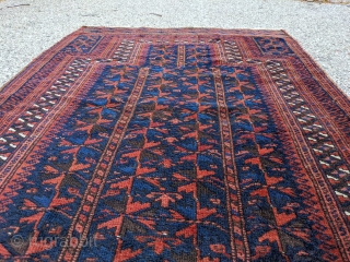 Late 19th - turn of the century, blue ground Baluch prayer rug. An old one with complete kilim ends. 2'10" x 4'4".           