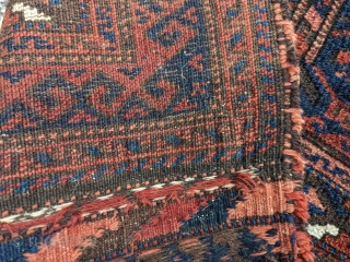 Late 19th - turn of the century, blue ground Baluch prayer rug. An old one with complete kilim ends. 2'10" x 4'4".           