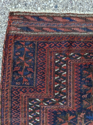 Late 19th - turn of the century, blue ground Baluch prayer rug. An old one with complete kilim ends. 2'10" x 4'4".           