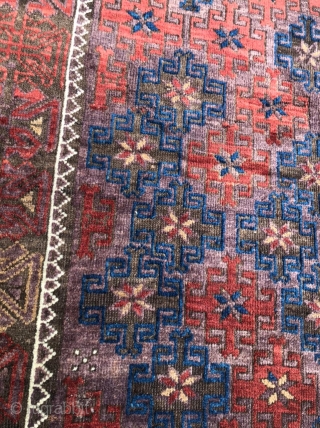 Beautiful unique, antique Baluch rug. 2'9" x 4'4". It's hard to capture the purplish field color. The closeups are more accurate.

Cheers.            