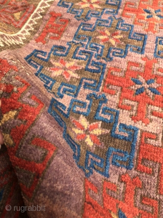 Beautiful unique, antique Baluch rug. 2'9" x 4'4". It's hard to capture the purplish field color. The closeups are more accurate.

Cheers.            