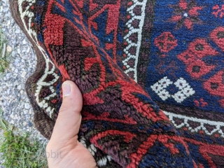 Antique snowflake Baluch rug. 3'4" x 6'5". Perfect condition as it was hung on the wall. Original goat hair selvedge and kilim ends. Soft, thick, fluffy wool.      