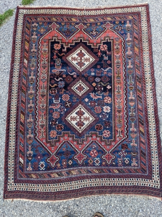 Antique Afshar rug, 4'7" x 6'3". Wonderful abrash and many motifs.                      