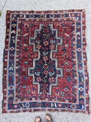 Beautiful early 1900s Shiraz rug. 5'2" x 6'3". Fun motifs, good pile, and great color.

Cheers.                  