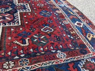 Beautiful early 1900s Shiraz rug. 5'2" x 6'3". Fun motifs, good pile, and great color.

Cheers.                  