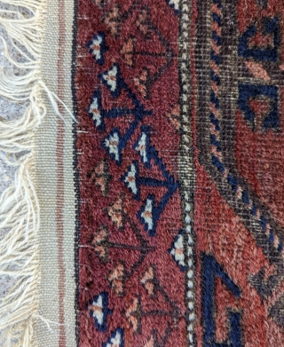 Antique Mahdad Khani Baluch with complete ends and good pile. Natural dyes. Well drawn with unusual Tekke style elems. 90 x 158cm or 3'0" x 5'2"1.       