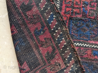 Antique Baluch prayerrug. Nice abrash, original multicolor selvedge. Summer lower field repairs.

94 x 140cm or 3'1" x 4'8"               