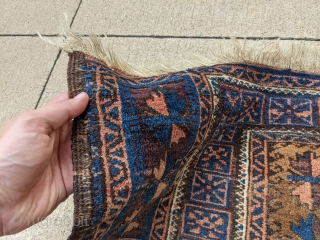 Antique Baluch camel ground prayer rug, possibly Timuri. Tight weave, soft wool with a very floppy handle. Great range of colors. Love the dark blues in this. 3'0 x 4'6".

Cheers   