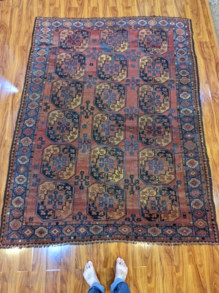 Late 19th century Ersari rug. 6'8" x 8'8". Wonderful range of colors and great border. Some scattered repairs.               