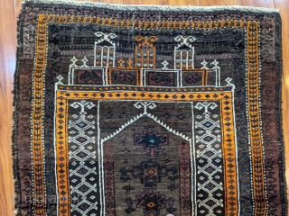 Antique Adraskand prayer rug from Western Afghanistan. 3'0" x 4'5" Silk highlights.                     