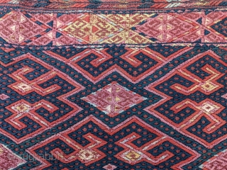 Antique Ersari torba with lots of silk embroidery, original back, and most of the original tassles. 1'5" x 3'5"              