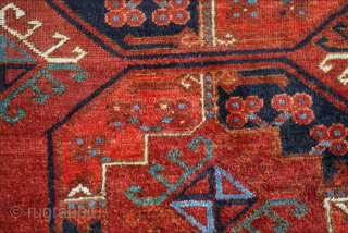 Wonderful Ersari main rug. I see it as 3rd quarter 19th century or earlier. It surprisingly has some use of silk, an unusual feature on an Ersari main. 9'2" x 6'11" or  ...