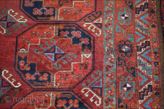 Wonderful Ersari main rug. I see it as 3rd quarter 19th century or earlier. It surprisingly has some use of silk, an unusual feature on an Ersari main. 9'2" x 6'11" or  ...