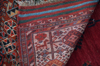 19th century Khamseh rug with a traditional Shekarlu border. Original kilim ends and very few repairs. It has good pile left that's soft under foot. 163 x 260cm or 5'5" x 8'7".  ...