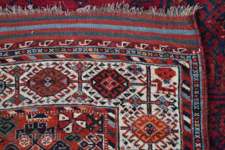 19th century Khamseh rug with a traditional Shekarlu border. Original kilim ends and very few repairs. It has good pile left that's soft under foot. 163 x 260cm or 5'5" x 8'7".  ...