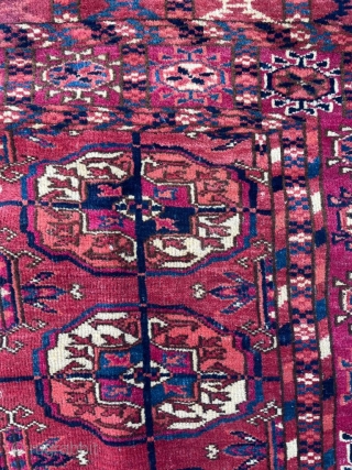 Antique Tekke wedding rug. Wonderful range of colors with stable dyes.  3'2" x 4'0" Mostly good pile with a few areas of low-medium height.

Cheers.        