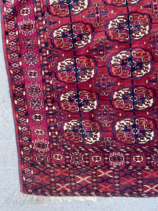 Antique Tekke wedding rug. Wonderful range of colors with stable dyes.  3'2" x 4'0" Mostly good pile with a few areas of low-medium height.

Cheers.        