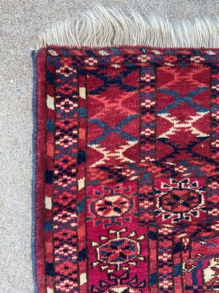 Antique Tekke wedding rug. Wonderful range of colors with stable dyes.  3'2" x 4'0" Mostly good pile with a few areas of low-medium height.

Cheers.        