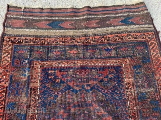 Antique Timuri Baluch rug with complete kilim ends. 3'0" x 5'9". Much of the wear is from oxidized browns.              