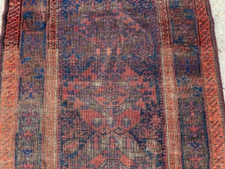 Antique Timuri Baluch rug with complete kilim ends. 3'0" x 5'9". Much of the wear is from oxidized browns.              