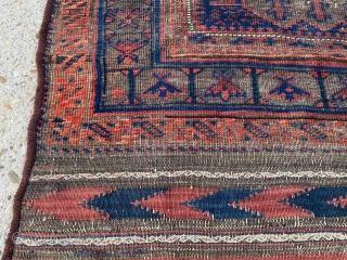 Antique Timuri Baluch rug with complete kilim ends. 3'0" x 5'9". Much of the wear is from oxidized browns.              