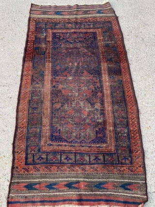 Antique Timuri Baluch rug with complete kilim ends. 3'0" x 5'9". Much of the wear is from oxidized browns.              