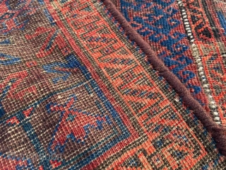 Antique Timuri Baluch rug with complete kilim ends. 3'0" x 5'9". Much of the wear is from oxidized browns.              
