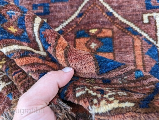 Antique Ersari torba. Wonderful wool and dyes. Good pile. One fingertip size hole. 1'6" x 4'6"                 