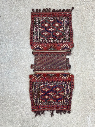 19th century complete Yomut kap bag. Wonderful colors and original kilim backs. Rare to have the complete piece. 1'6" x 5'10" with both sides unfolded.        